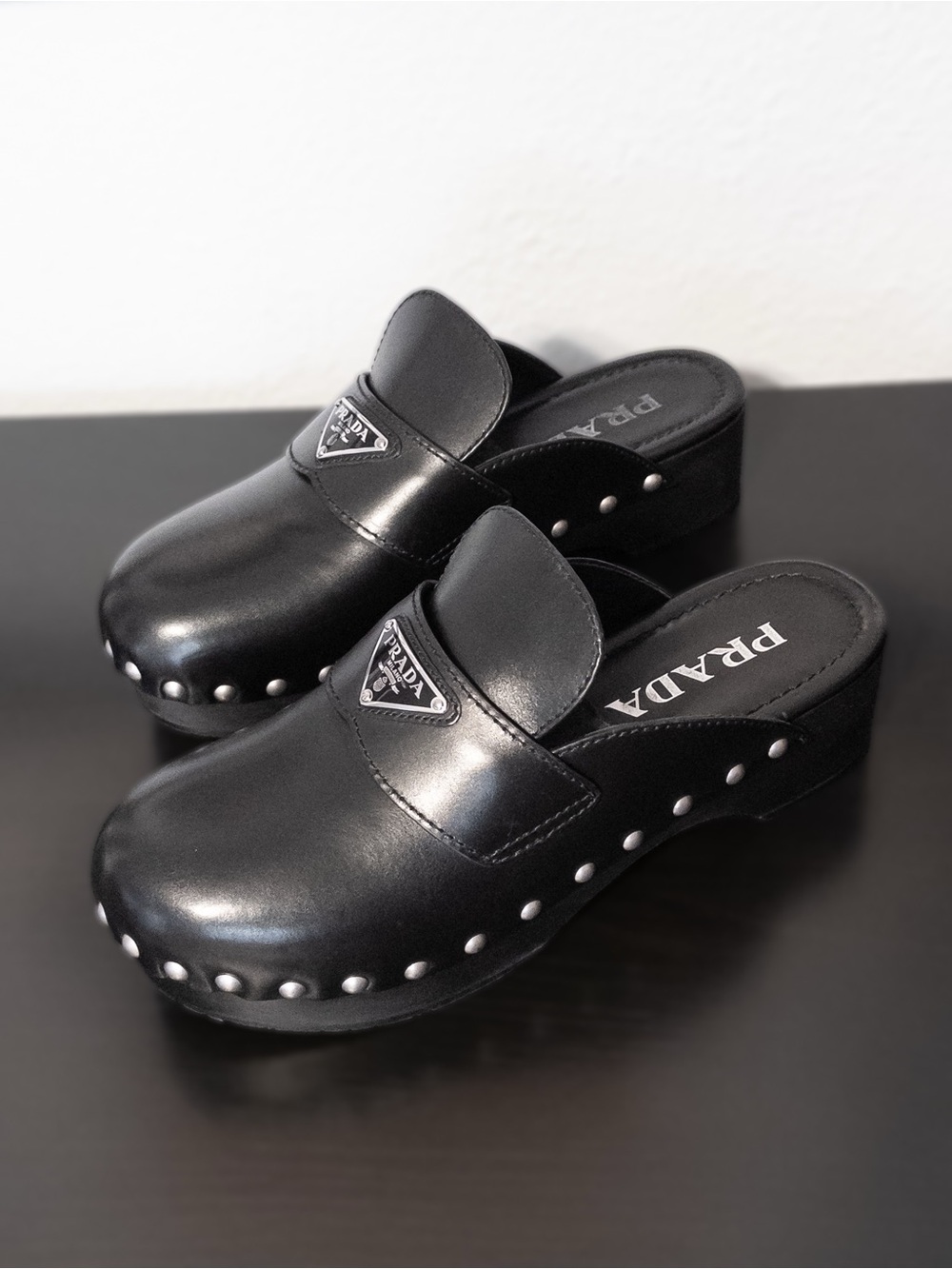 PRADA Mules Clogs Black Leather Studded Platform, Size 7 / EU 38 - Picture 8 of 13